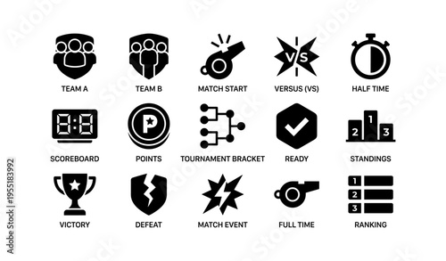 Sports icons set: teams, match events, victory, defeat, rankings