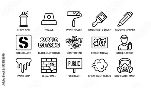 Street art tools and icons - spray can, paint roller, graffiti tag, stencil, respirator mask