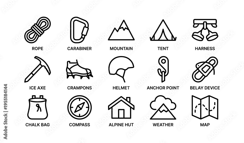 Fototapeta premium Essential mountaineering equipment icons: rope, carabiner, tent, helmet, map