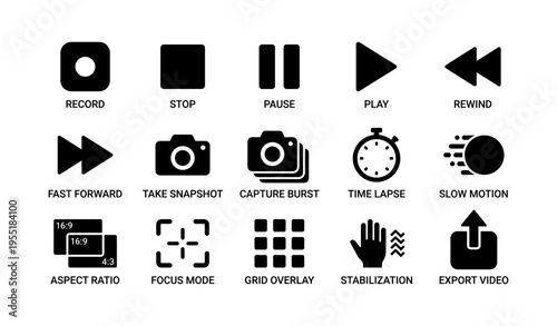 Video control icons: record, play, rewind, camera, timer, stabilization
