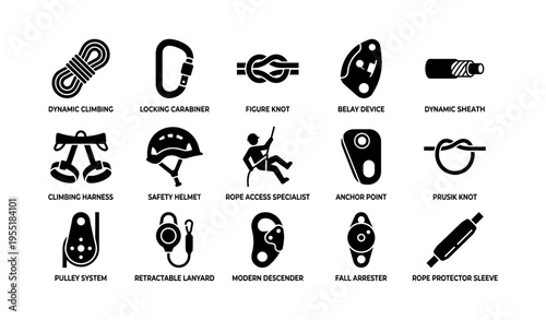 Climbing gear icons: carabiner, helmet, harness, knot, belay device, pulley