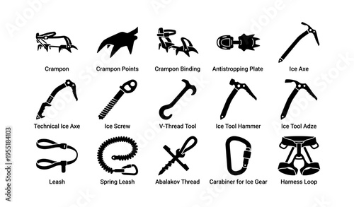 Ice climbing gear icons: crampons, ice axes, carabiners, and tools