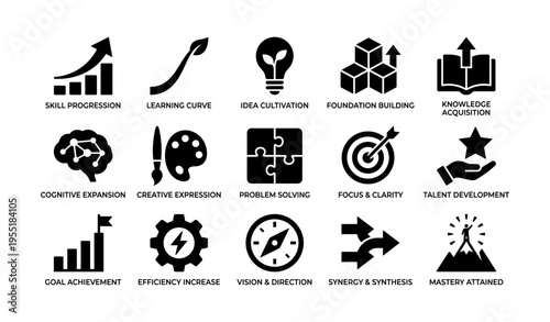 Skill development icons reflecting learning, creativity, problem solving, and achievement