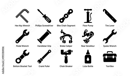 Essential bicycle repair tools set with labels and icons for maintenance