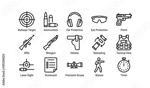 Shooting range equipment icons: bullseye, ammunition, ear and eye protection, weapons, timer