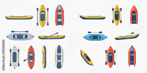 Set of various inflatable kayaks, canoes, and rafts for water sports and recreation, viewed from above and side angles.