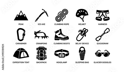 Essential mountaineering equipment icons: gear for safe climbing adventure