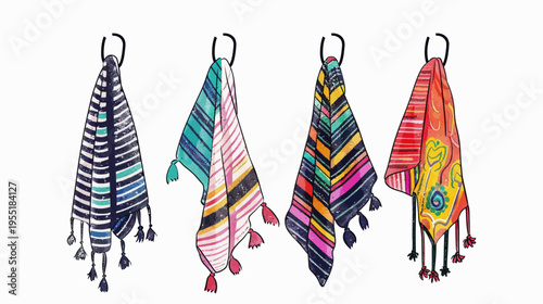 Watercolor illustration of four colorful striped shawls hanging from simple black loops