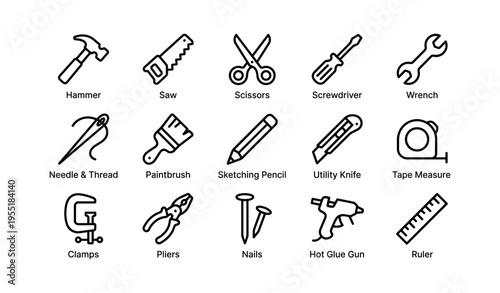 Collection of hand tools and craft supplies in simple line art style