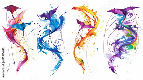 Whimsical watercolor art of umbrellas with flowing, vibrant, abstract designs beneath them