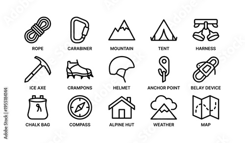 Essential mountaineering equipment icons: rope, carabiner, tent, helmet, map