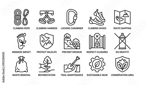 Outdoor climbing and environmental conservation icons overview