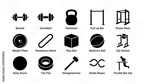 Essential gym equipment icons: barbell, dumbbell, kettlebell, and more