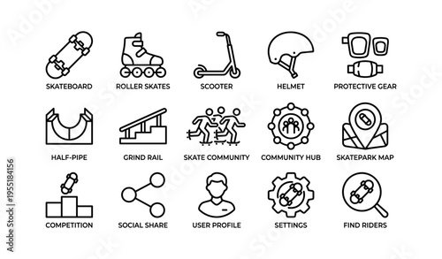 Skateboard and skatepark icons set: skateboard, roller skates, scooter, helmet, protective gear