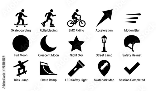 Skateboarding and extreme sports icons set with bmx and rollerblading