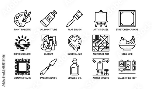 Art tools and movements icons: paint palette, easel, cubism, surrealism, gallery exhibit