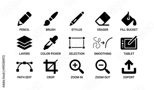 Digital editing tools: pencil, brush, eraser, stylus, layers for art and design
