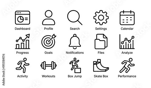 Dashboard and settings icons for progress, goals, and performance analysis
