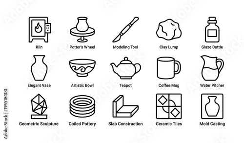 Pottery tools and techniques: kiln, potter's wheel, modeling tool, clay, glaze