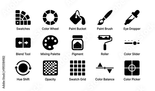 Art and design tools icons: color wheel, paint brush, roller, eye dropper
