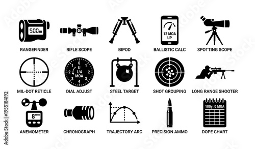 Various shooting equipment icons: rangefinder, rifle scope, bipod, spotting scope, ballistic calc