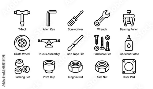 Skateboard maintenance tools and parts icons