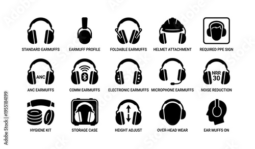 Various earmuff designs and features illustrated icons