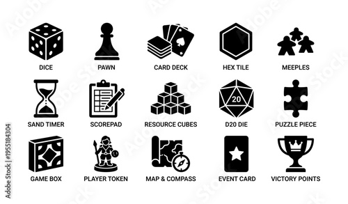 Board game elements: dice, cards, tokens, tiles, and more