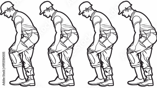 Four illustrations of a person bending, wearing a helmet and safety harness