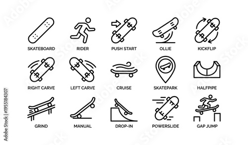 Skateboarding icons featuring tricks and skatepark elements