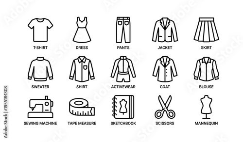 Fashion design elements: clothing icons and sewing tools