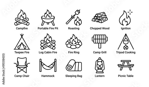 Campfire and camping equipment icons: essential outdoor adventure gear