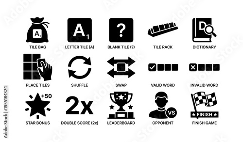 Scrabble game icons: tile bag, letter tile, blank tile, tile rack, place, shuffle, swap