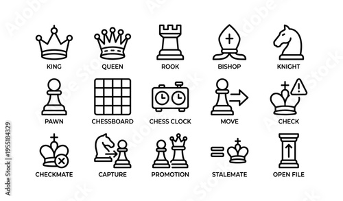 Chess symbols: king, queen, rook, bishop, knight, pawn, strategies and moves