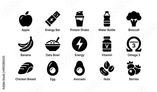 Icons of healthy foods and supplements featuring fruits and proteins