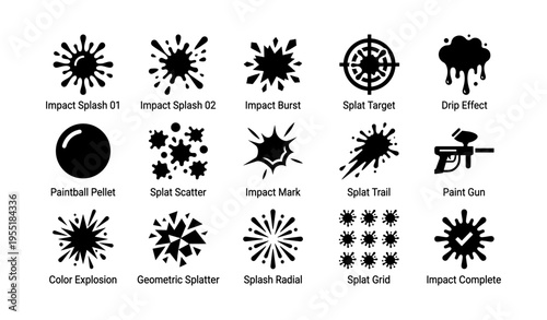 Paintball impact splashes and gun icons set