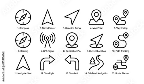 Navigation symbols set: compass, gps, map, wayfinding, direction arrows