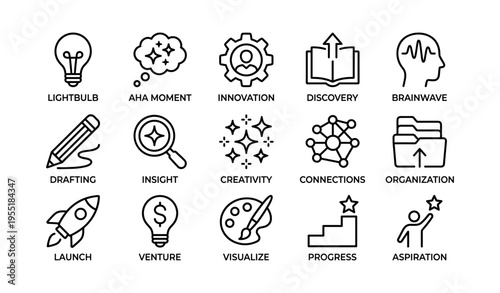 Creative process icons representing innovation discovery and organization