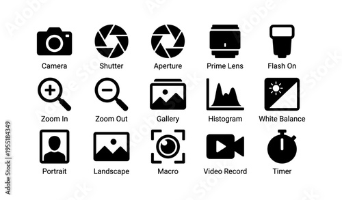 Photography icon set: camera, shutter, aperture, lens, flash, zoom, gallery, histogram