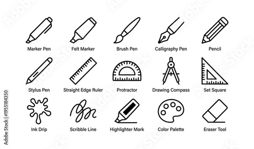 Drawing tools icon set with marker pen, pencil, ruler, compass, and more