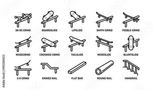 Skateboard trick icons: grind, slide, and rail variations illustrated