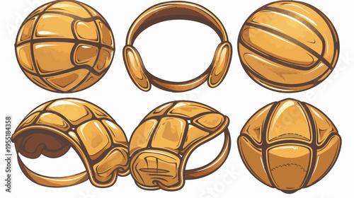 A set of gold turtle shells, headphones, and ball, stylistically similar