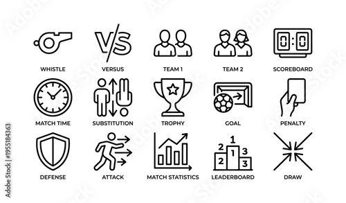 Sports icons set: whistle, trophy, scoreboard, substitution, penalty