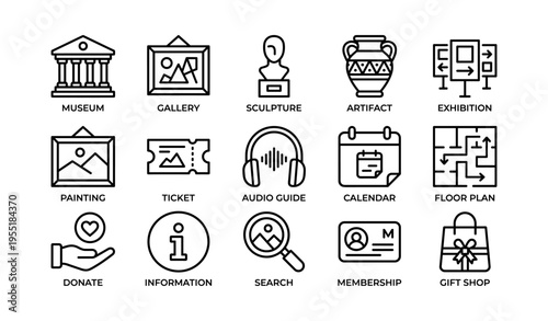 Museum icon set: gallery, sculpture, artifact, and more