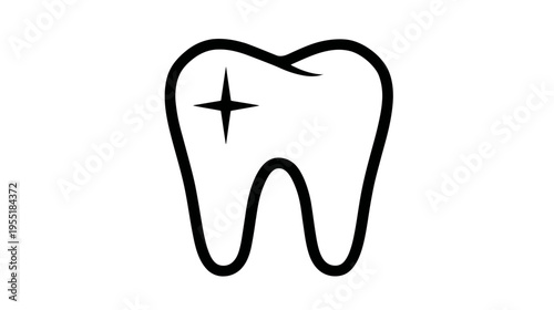 A simple, black and white icon of a tooth, clean design, with a star