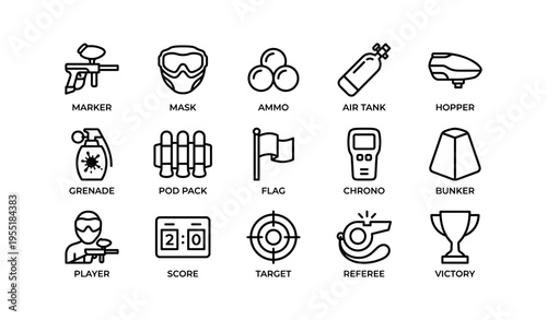 Paintball equipment icons: marker, mask, ammo, air tank, hopper, grenade, and more
