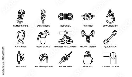 Climbing gear and knot icons: ropes, carabiners, knots, and equipment guide