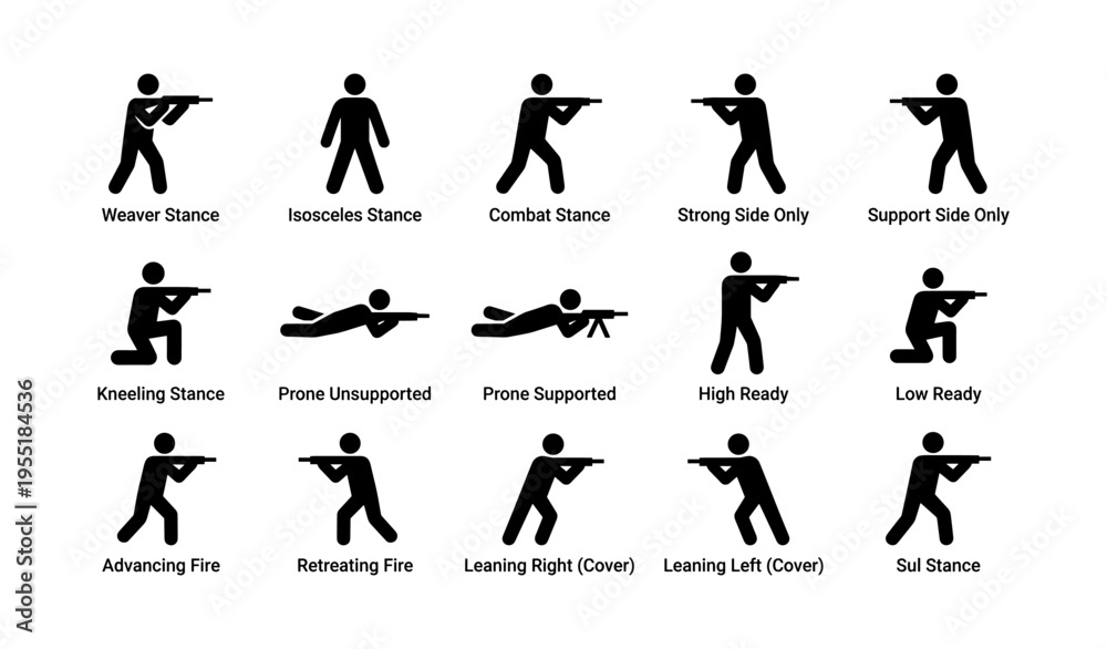 Fototapeta premium Various firearm stances illustrated with stick figures