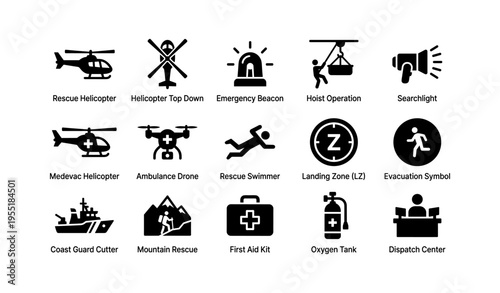 Emergency rescue icons featuring helicopter and medical symbols