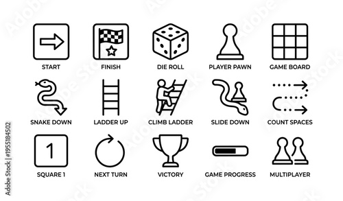 Board game elements: dice, pawns, ladders, snakes, and victory trophies